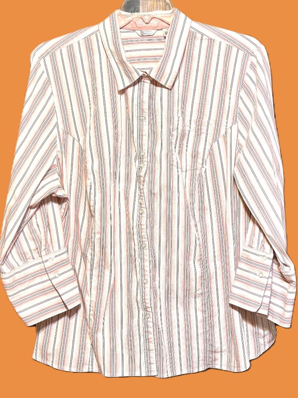 Riders, 3X, *Peach* & Tan Striped White Cotton Blouse